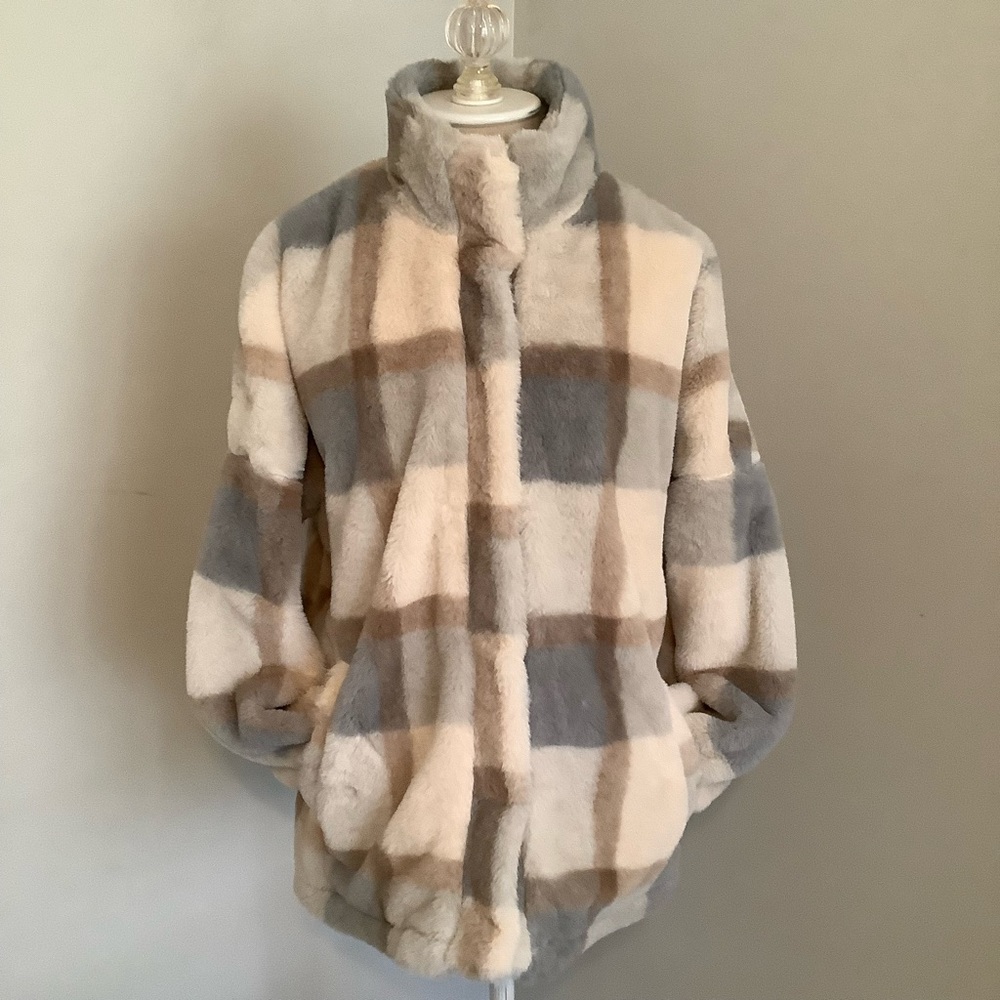 Amoli Pocketed Plaid Faux Fur Jacket